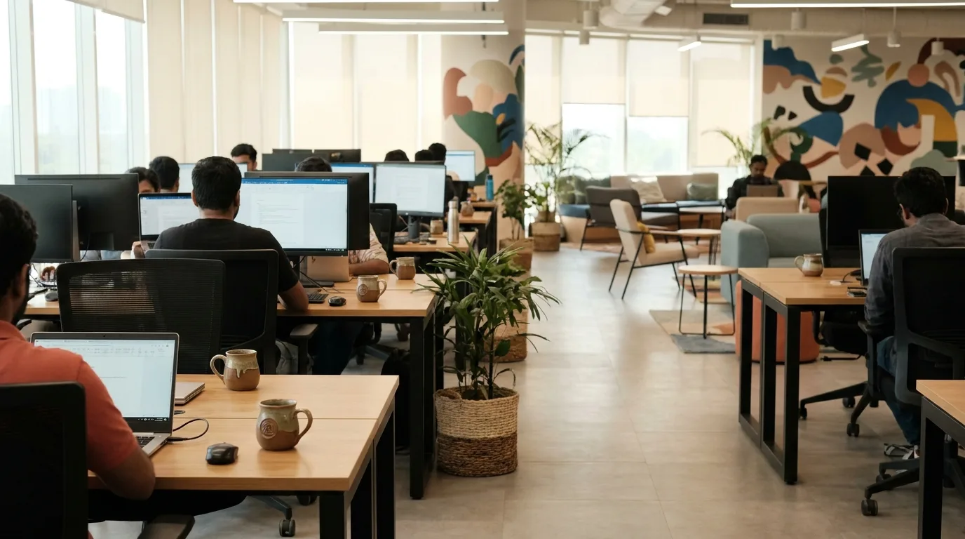 Open-plan Indian office desks with branded ceramic mugs beside keyboards
