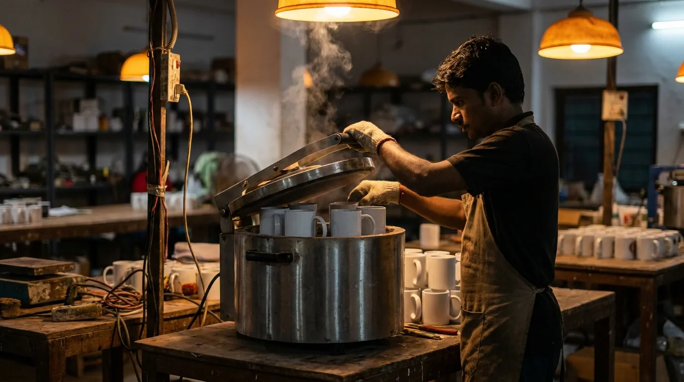 Operator loading ceramic mugs into a sublimation press on the Bengaluru floor