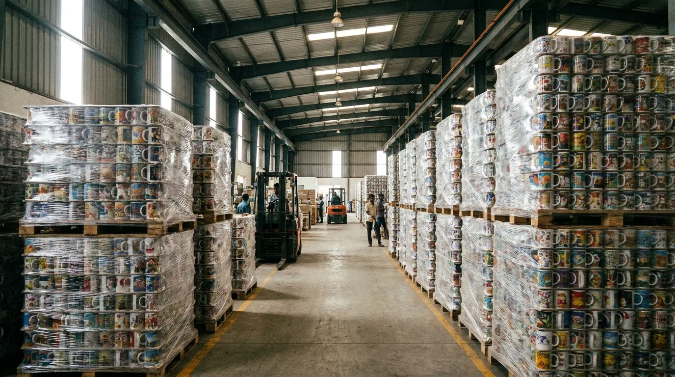 Tall stacks of carton-ready printed ceramic mugs in a factory staging area