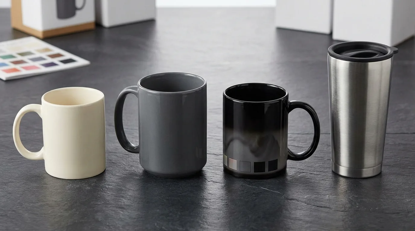 Ceramic, magic, and stainless travel mugs lined up as bulk print options