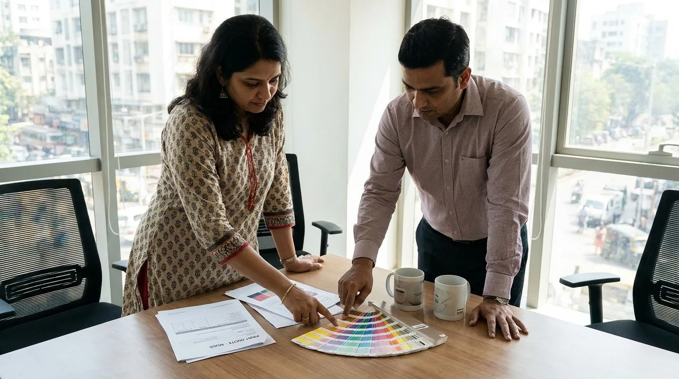 Procurement meeting reviewing a mug print quote with sample mugs on the table