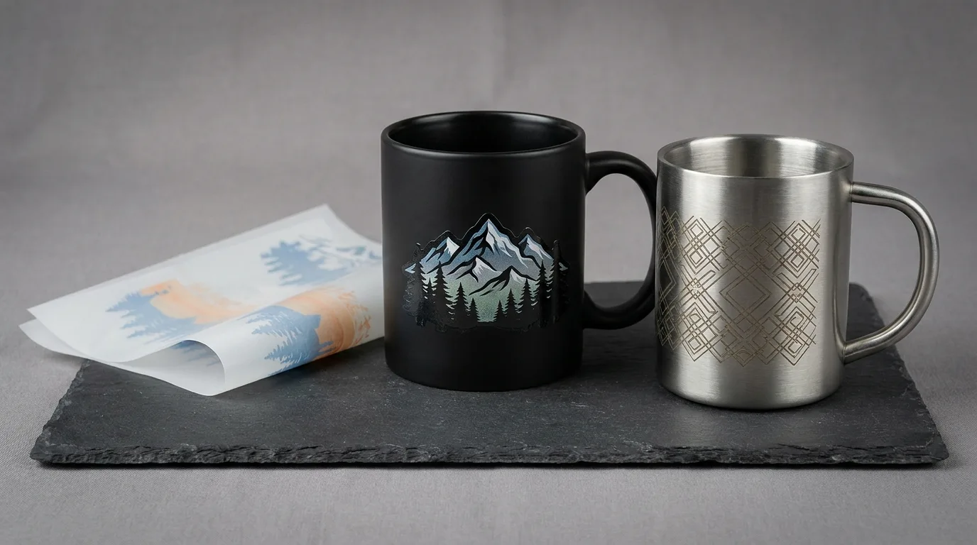 Sublimation transfer, UV DTF sample, and laser-etched steel mug side by side