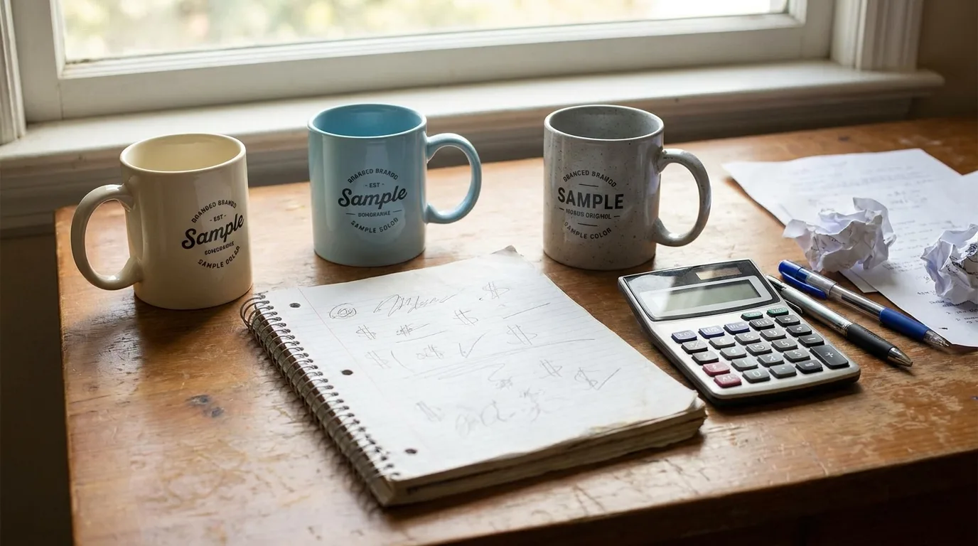 Printed mug samples beside a notepad with rough unit-cost notes
