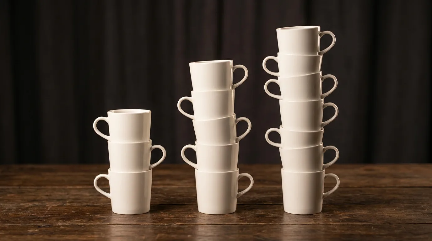 Three stacks of ceramic mugs in rising heights illustrating volume pricing tiers