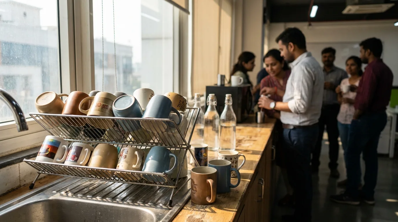 Team kitchen with welcome-kit mugs in daily use after onboarding