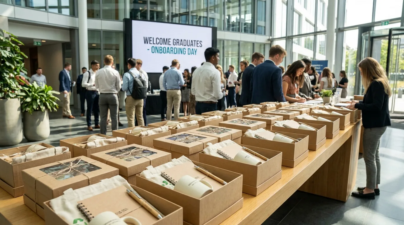 Campus hiring welcome kits lined on a table for graduate joiners