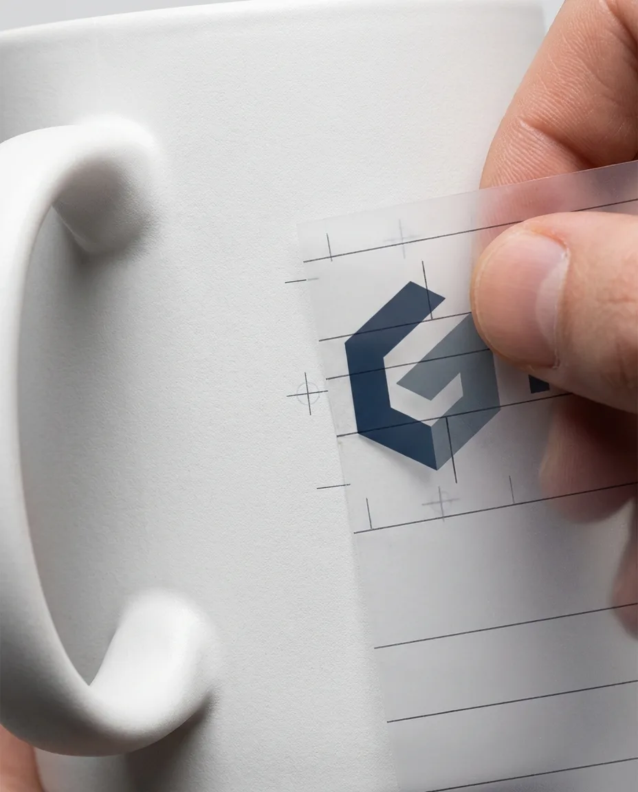 Close-up of crisp logo print placement on a ceramic mug opposite the handle