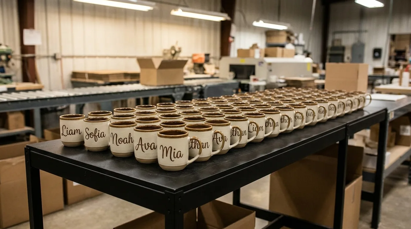Row of ceramic mugs each printed with a different first name for a corporate gift run