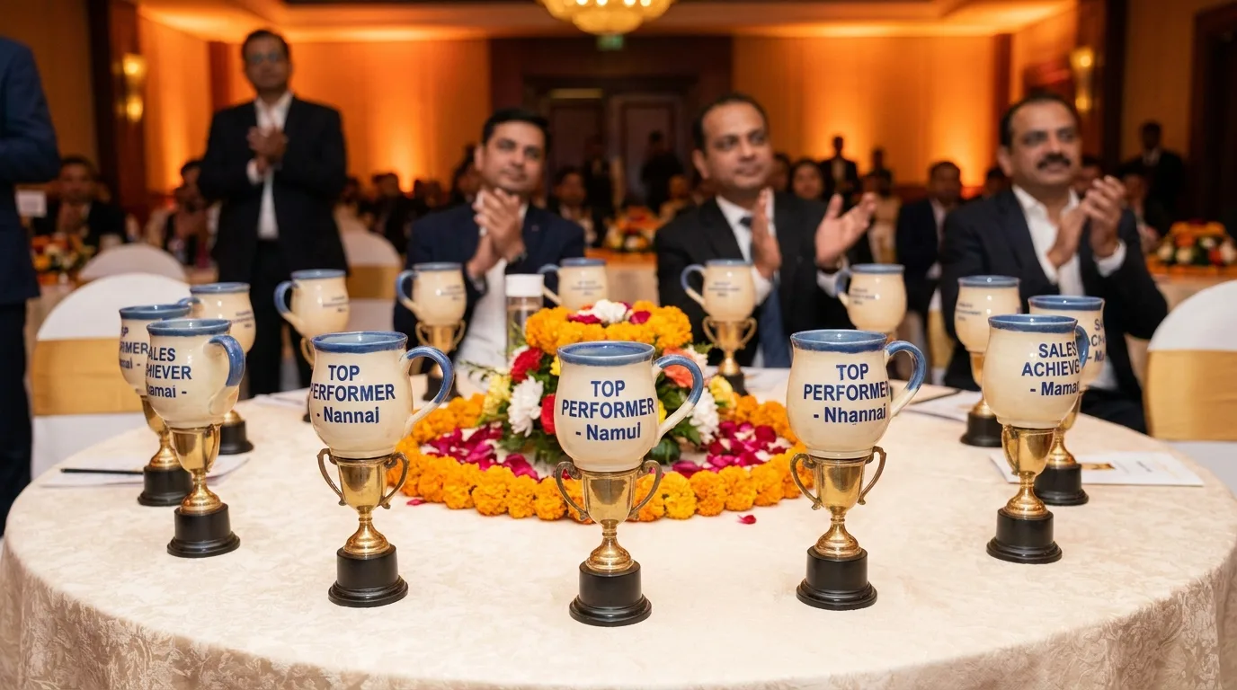 Named award mugs arranged for a sales club recognition ceremony