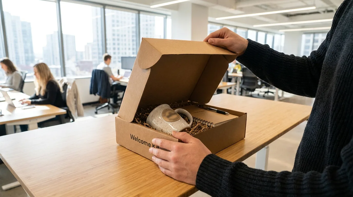 New joiner opening a kraft welcome kit with a branded ceramic mug