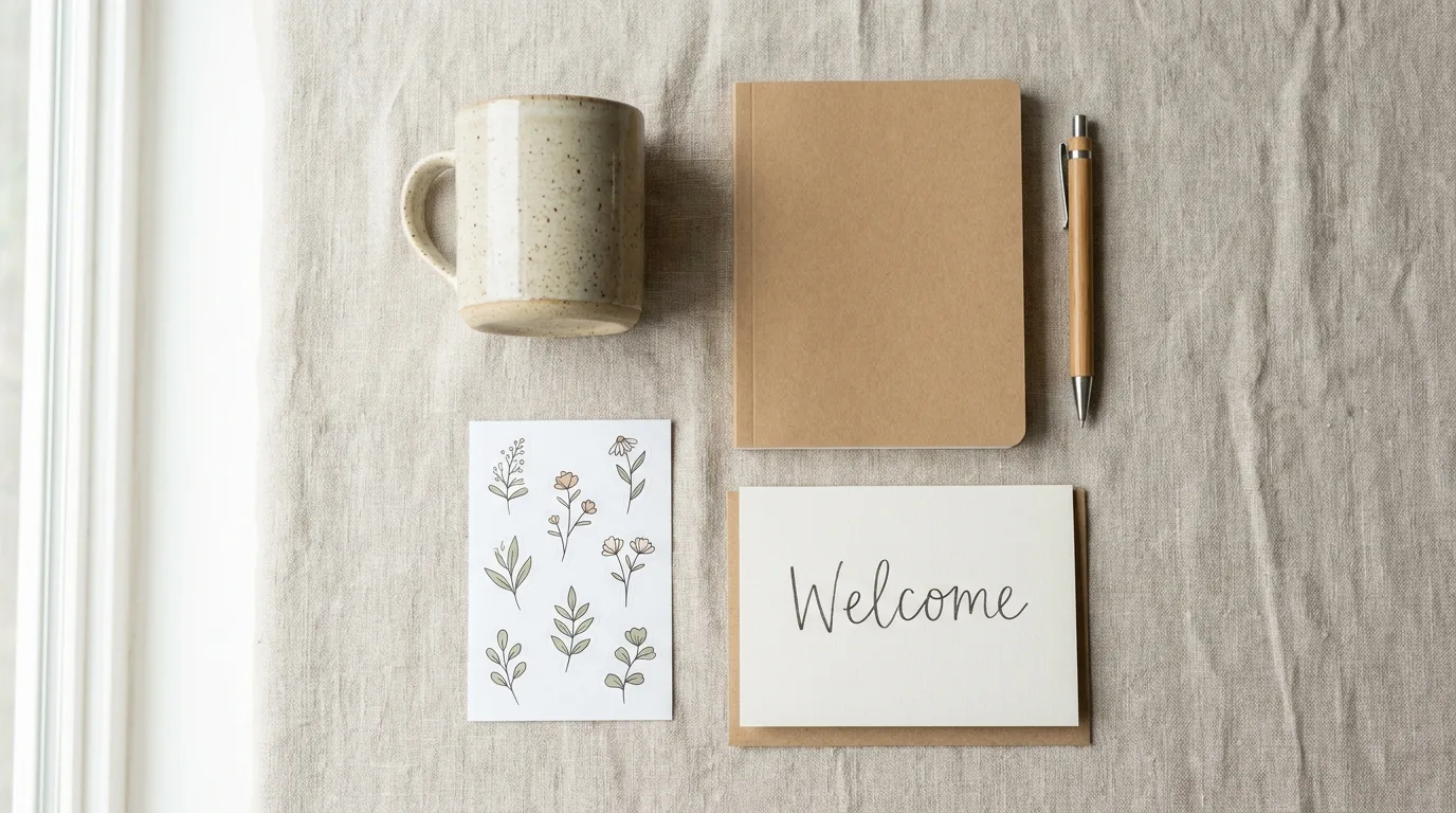Flat lay of welcome kit mug, notebook, pen, stickers, and card