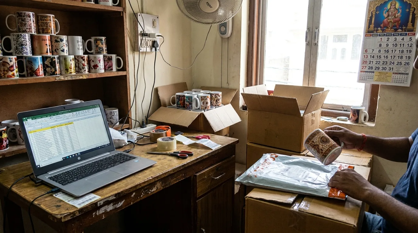 Online reseller packing printed ceramic mugs into courier bags