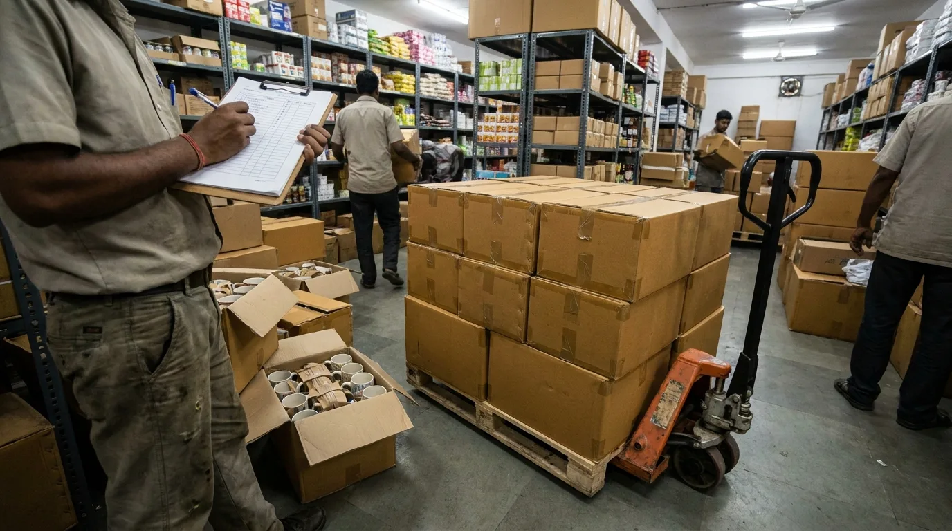Pallet of mug cartons unloaded into a gift shop storeroom
