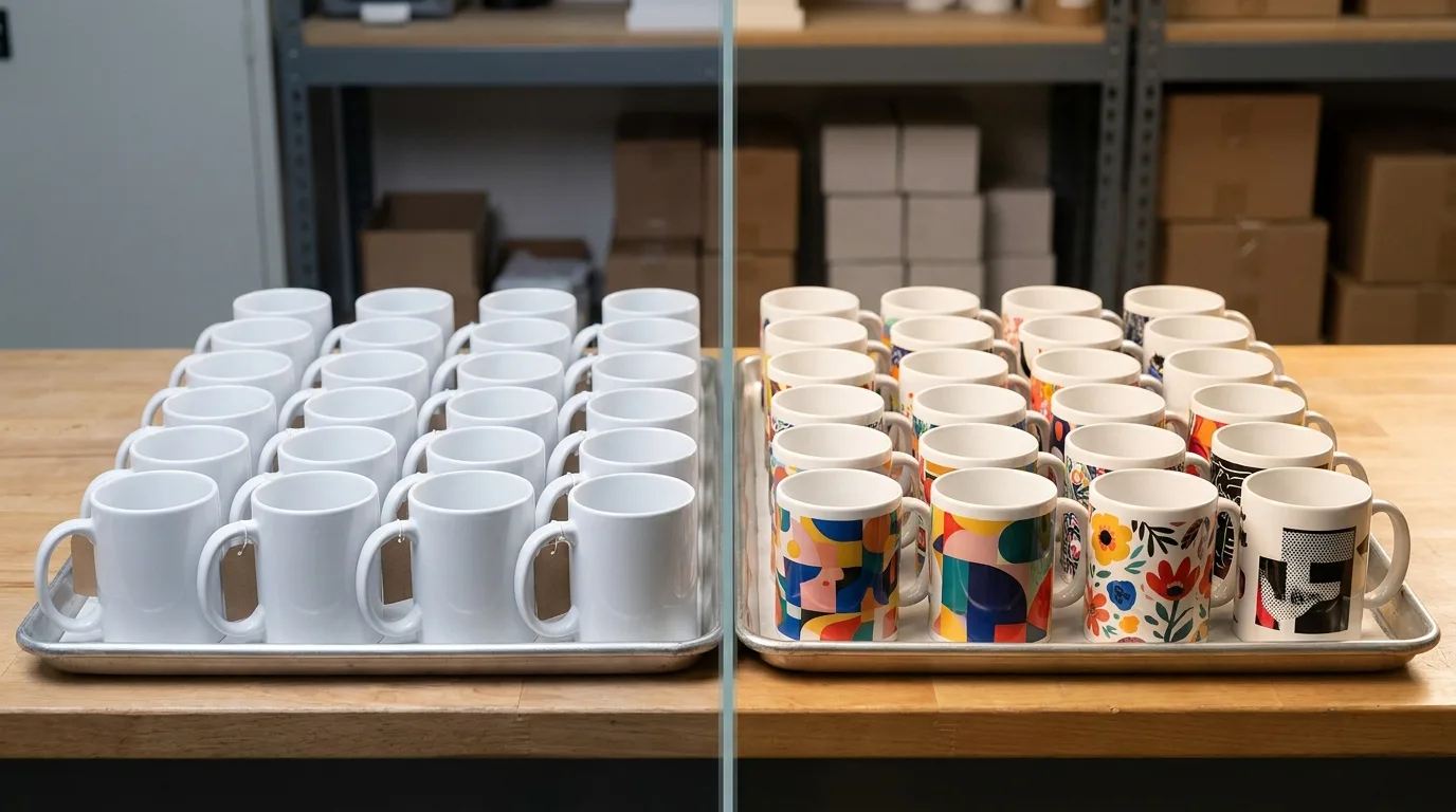 Blank white ceramic mugs beside the same shapes with full-colour custom prints