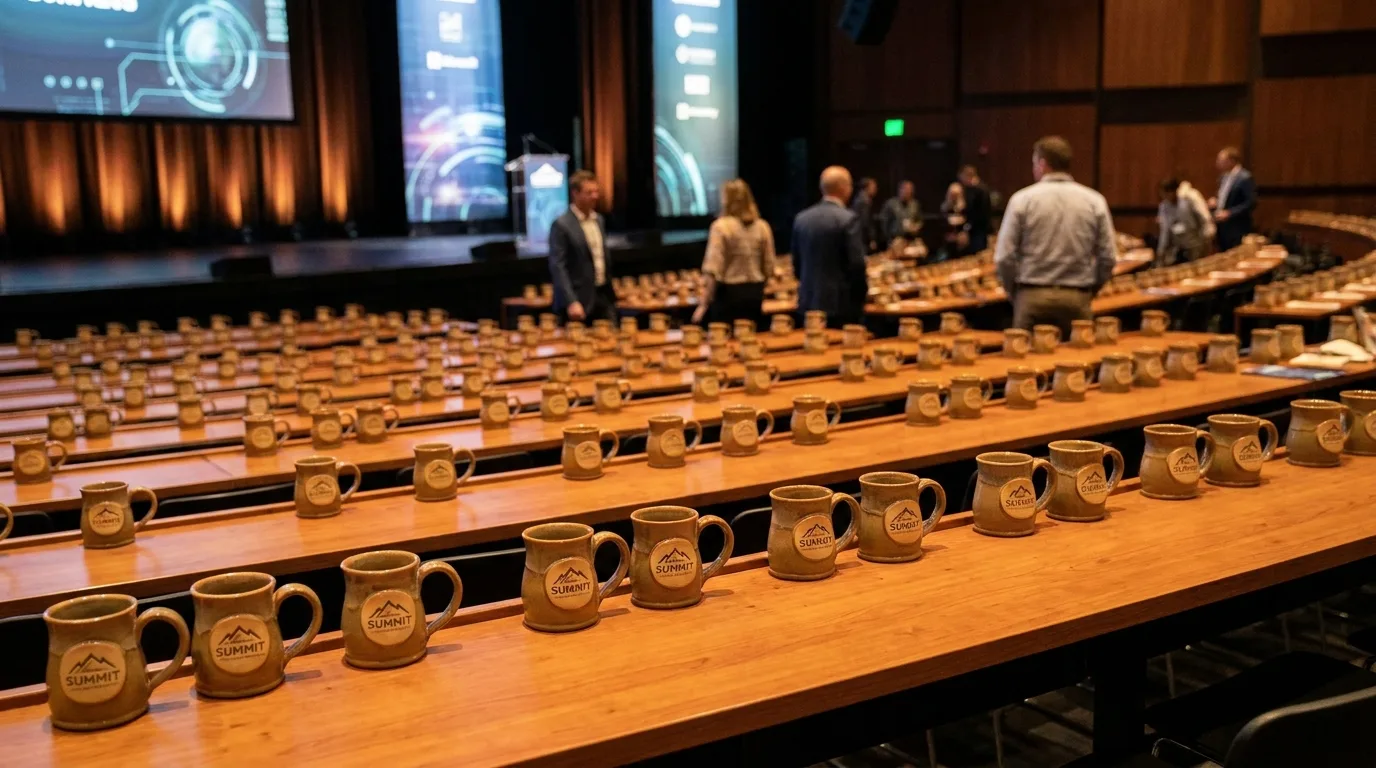 Branded conference mugs set at seats in a modern auditorium