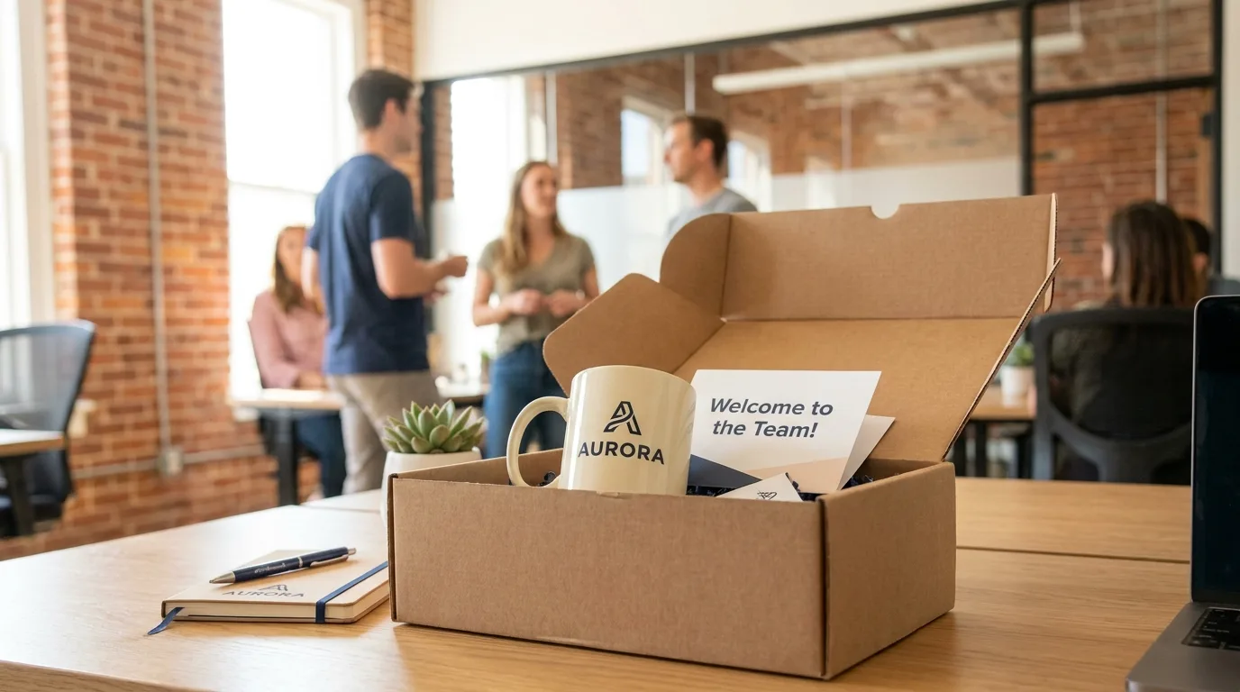 Employee welcome kit with a branded ceramic mug on a desk