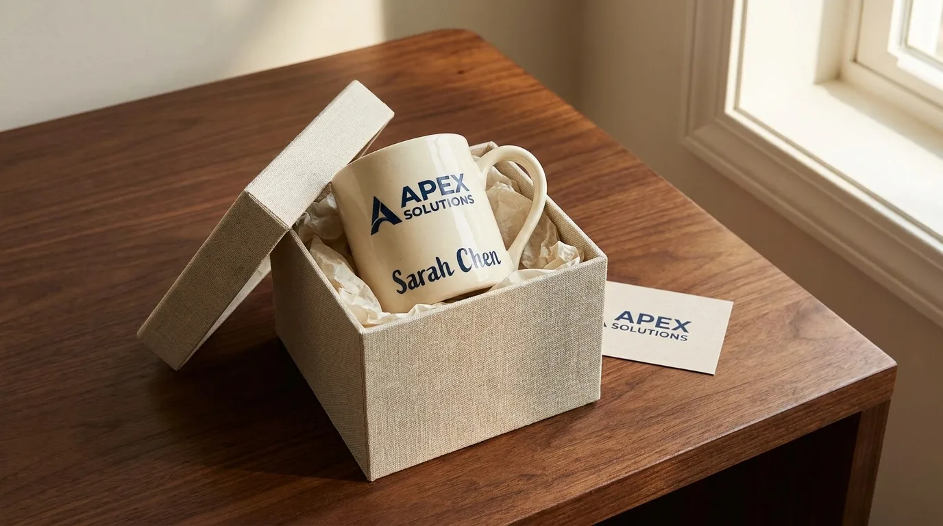Personalized ceramic mug with a name and company logo as a corporate gift