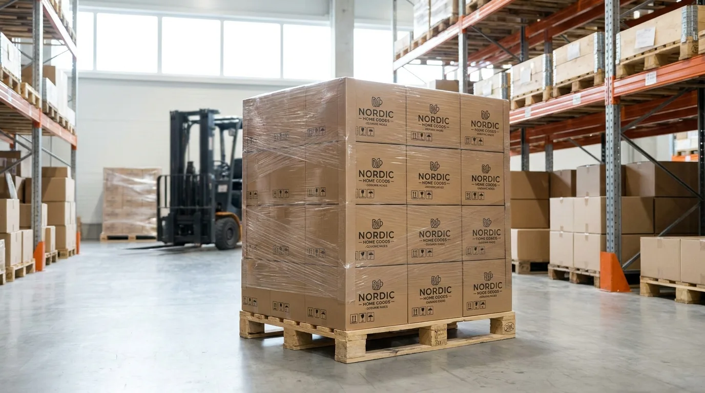 Pallet of boxed branded mugs ready for wholesale shipping
