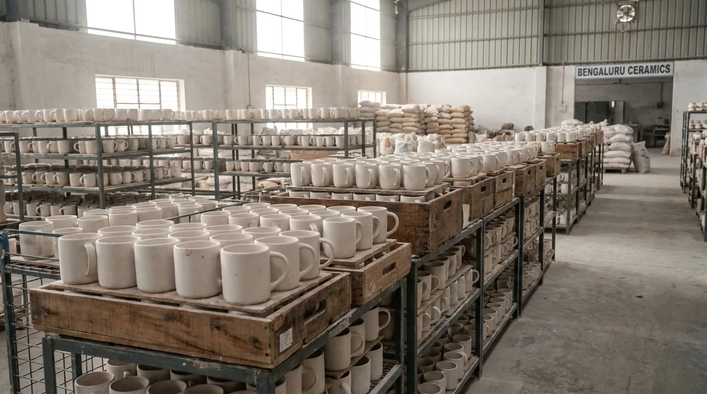 White ceramic mug blanks racked before printing in the factory