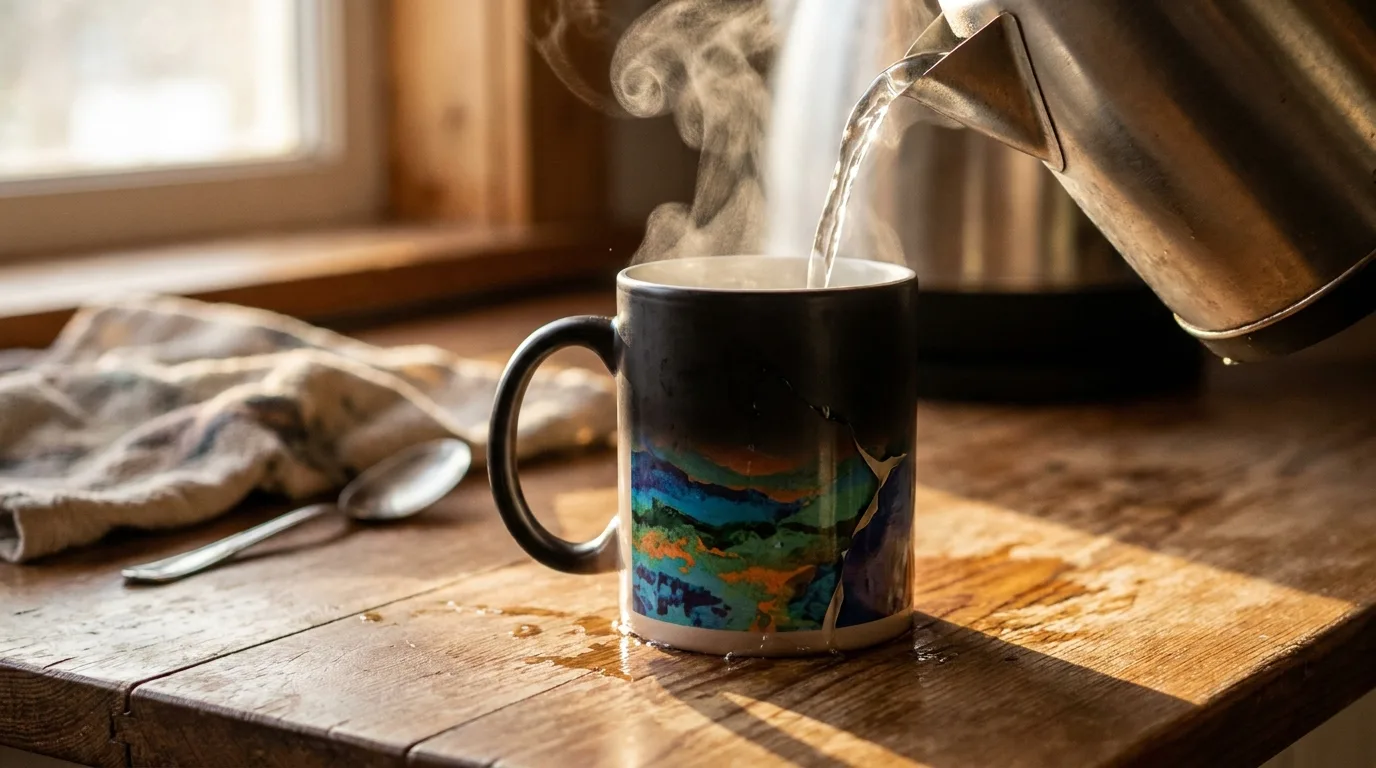 Magic colour-changing mug revealing artwork as hot water is poured