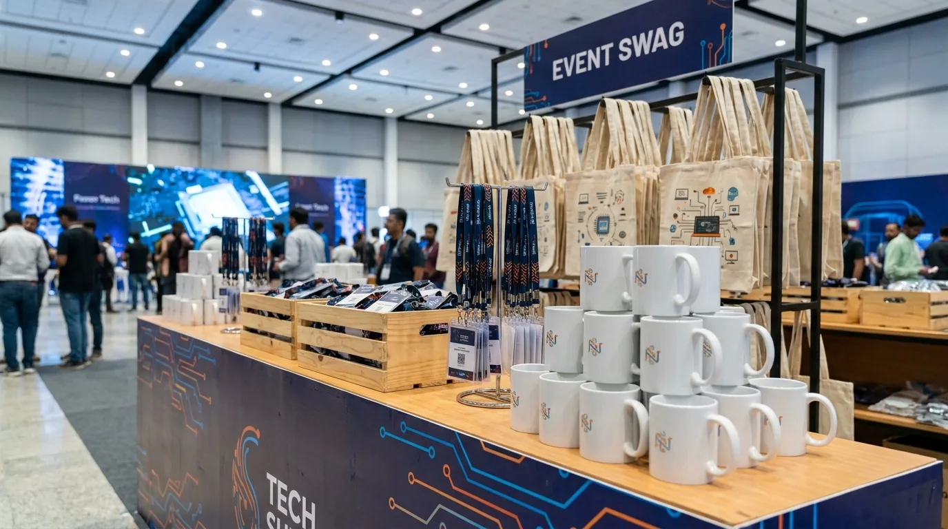 Tech summit swag station with mugs, badges, and tote bags