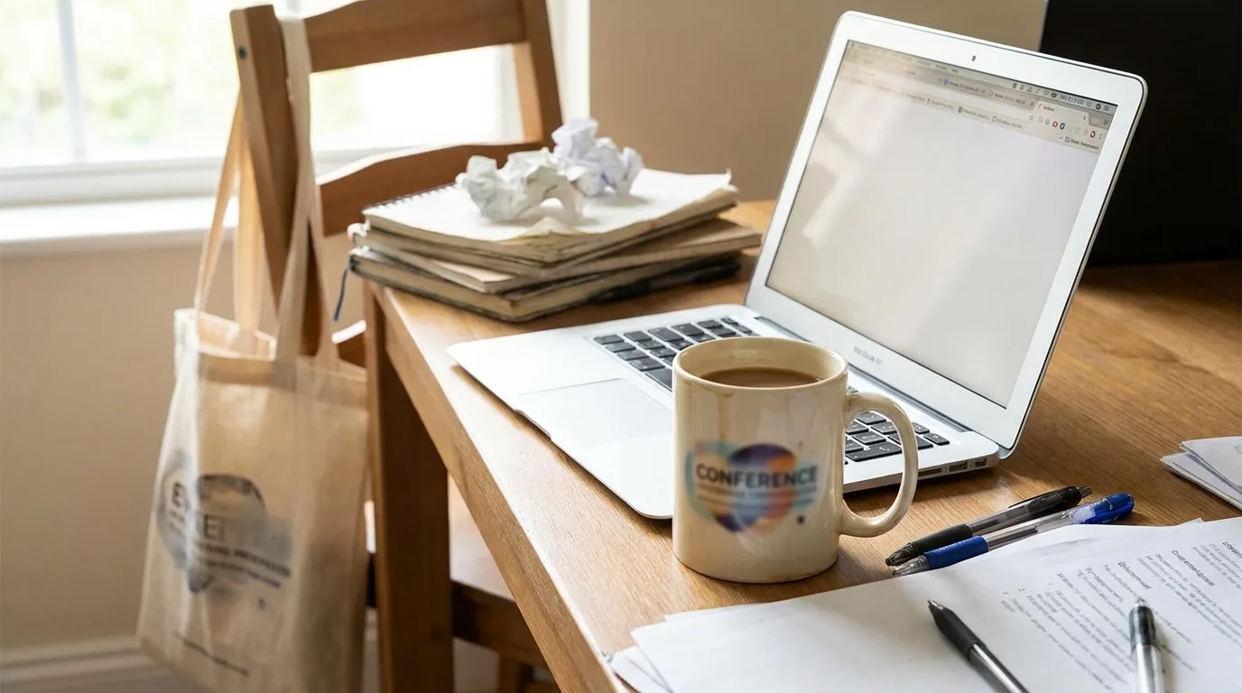 Attendee desk weeks later still using the conference ceramic mug