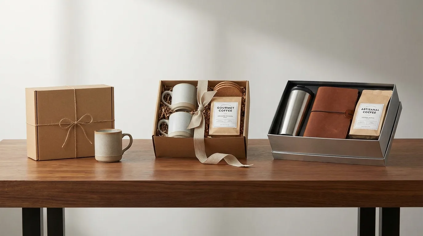 Three gift presentations at different budget levels with mug-centred kits