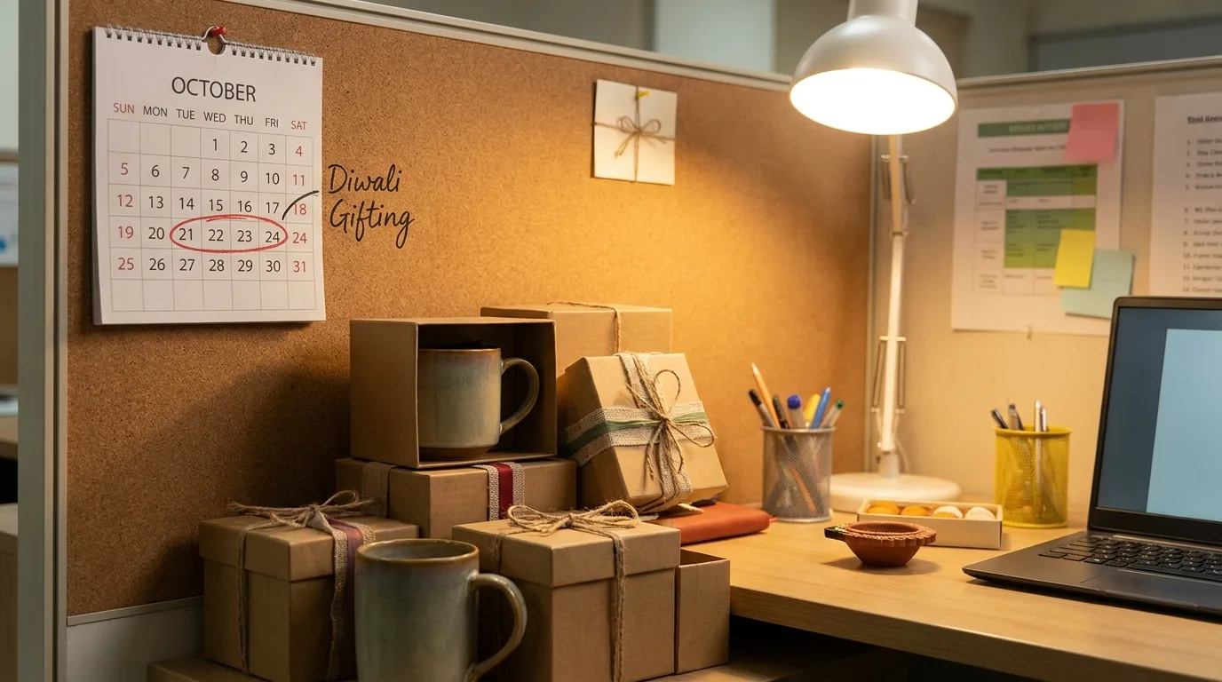 Wall calendar marked for Diwali gifting beside packed mug gift boxes