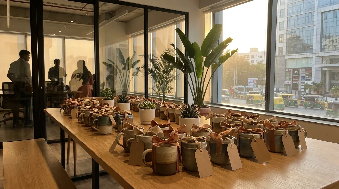 Bangalore office gifting table with ribboned ceramic mugs for client handover