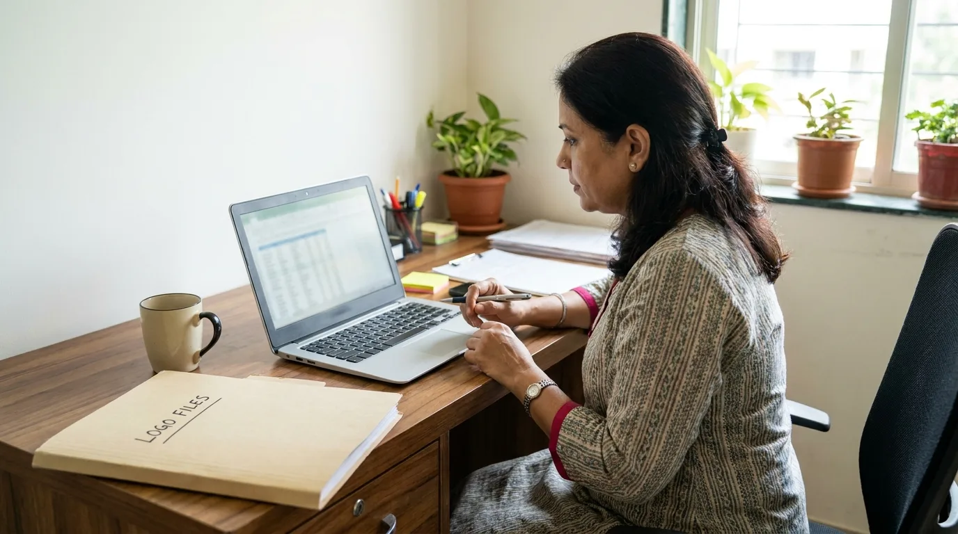 Buyer filling a bulk mug brief on a laptop with logo file and sample mug nearby