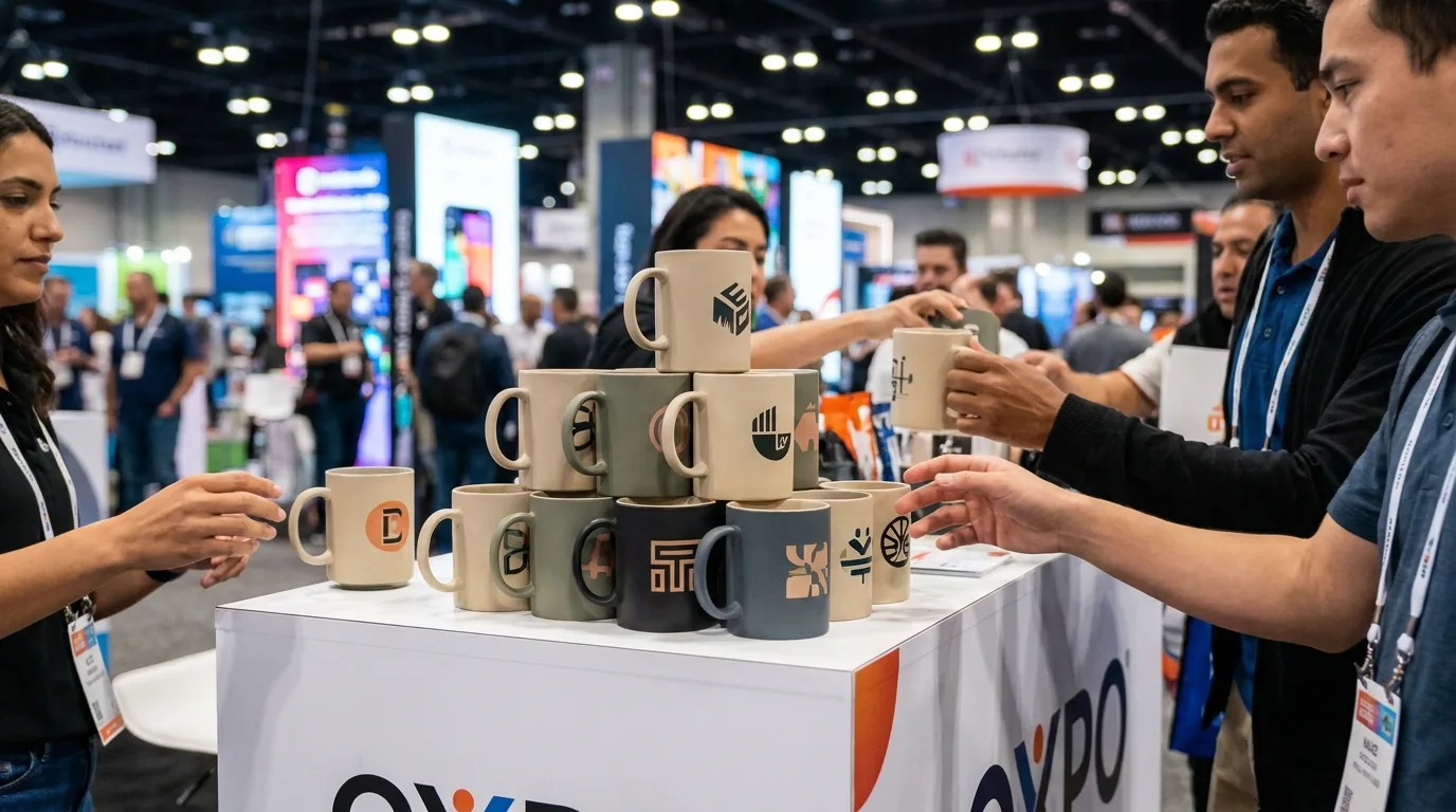Promotional ceramic mugs stacked on a trade-show booth counter