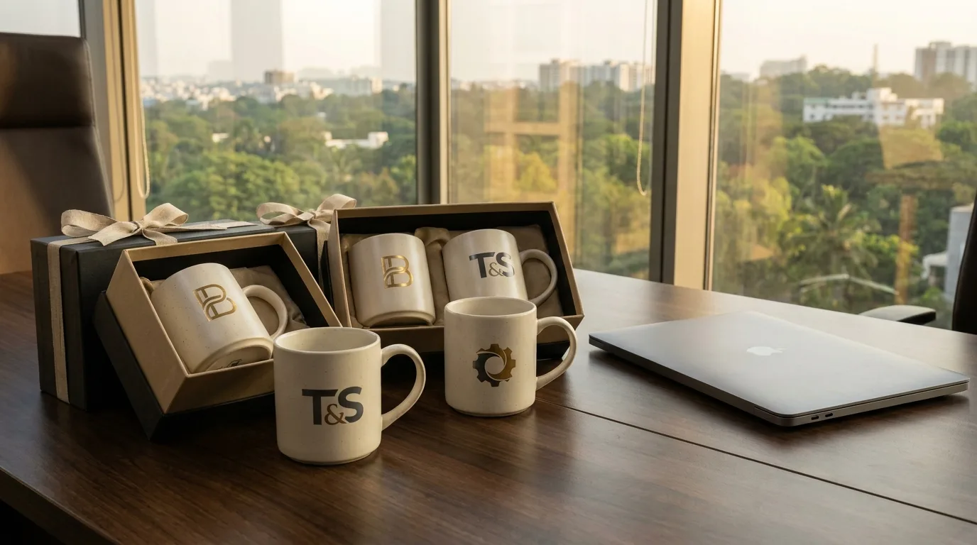 Branded corporate ceramic mugs as executive desk gifts beside a laptop